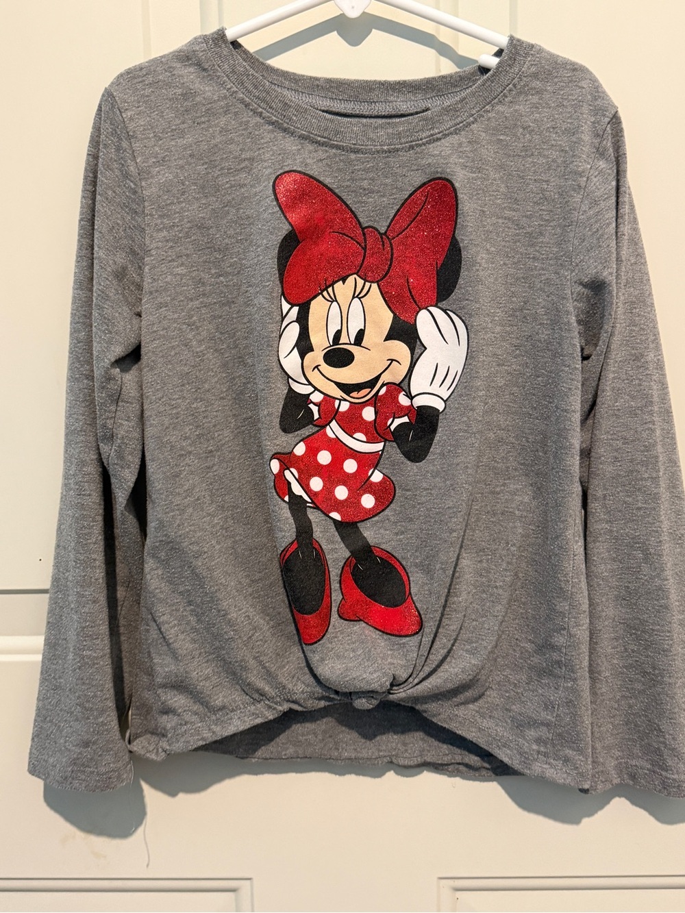 Disney Girls' Gray Long Sleeve Minnie Mouse Top with Red Bow